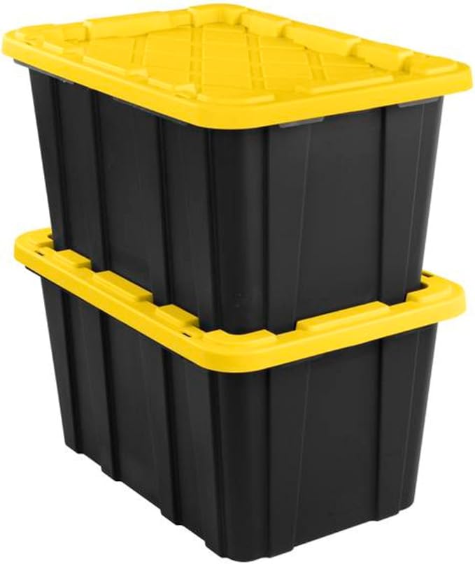 Sterilite Industrial Storage Tote with Lids for Garage, 27 Gallon, 8-Pack | Heavy-Duty and Stackable Utility Box Containers for Home, Office, and Basement Organization, Black/Yellow