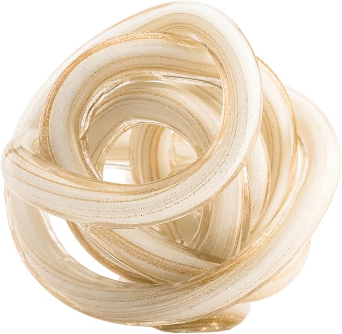 Torre & Tagus Orbit Hand Blown Glass Infinity Knot Sculpture - 3 Inch Glass Art White & Gold Knot Decor Ball for Home Decor, Small Centerpiece Table Decoration for Home Interior (White Gold Flakes)