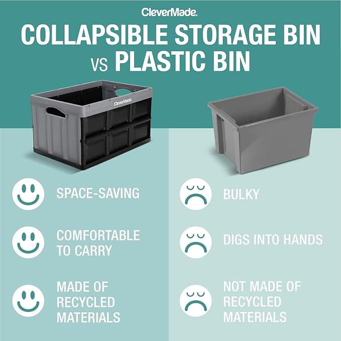 CleverMade Collapsible Storage Bins, 46L, 3 Pack, Stone | Each bin supports 75 lb for groceries, tools, or gear. Interlocking bases stack securely, and the bins fold to 2.75 inches.