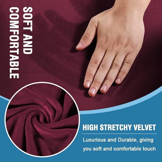 H.VERSAILTEX Sofa Cover 3 Piece T Cushion Sofa Slipcovers Thick Velvet Couch Cover Furniture Protector Stretch T Cushion Sofa Covers for 2 Cushion Couch with 2 Individual T Cushion Covers, Burgundy