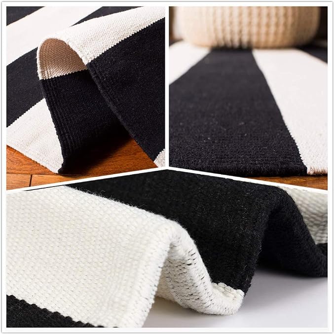 KaHouen Black and White Striped Rug (23.6 x 51.2 Inches), Striped Layering Mats, Handmade Woven Indoor Outdoor Doormats Striped Rug for Kitchen/Laundry/Bathroom/Living Room