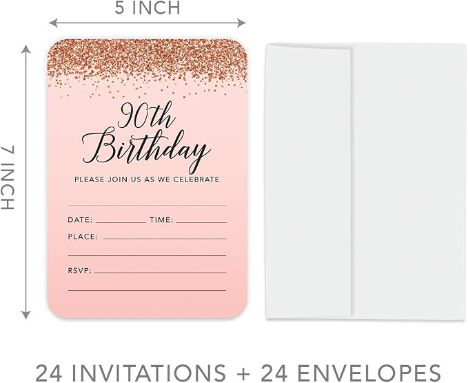 Andaz Press 24 Pack Blush Pink Rose Gold 90th Birthday Invitations For Women, 5x7 Inch 90th Birthday Party Invitations With Envelopes, 90 Year Old Party Invites For Women