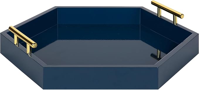 Kate and Laurel Lipton Hexagon Decorative Tray with Polished Metal Handles, Navy Blue and Gold