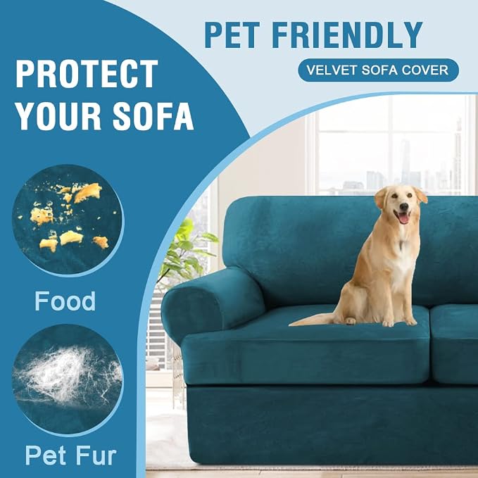H.VERSAILTEX Sofa Slipcovers - 4 Piece Thick Velvet Couch Covers for 3 Cushion Couch with 3 Individual T Cushion Covers, Deep Teal