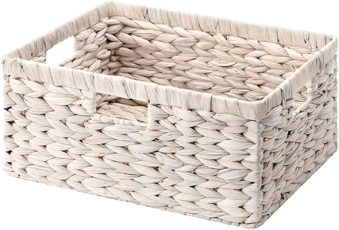 StorageWorks Large Wicker Baskets for Storage,White Wicker Baskets,1-Pack | Hyacinth Baskets for Decor,Wicker Storage Baskets for Shelves,Decorative Basket,Shelf Baskets for Organizing,16½" x 13" x 7½"