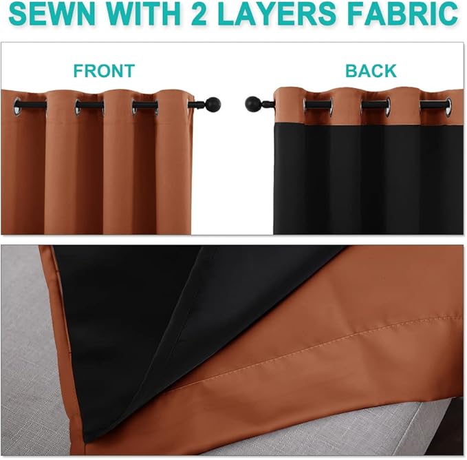 NICETOWN 100% Blackout Window Curtain Panels, Full Light Blocking Drapes with Black Liner for Nursery, 72-inch Drop Thermal Insulated Draperies (Burnt Orange, 2 Pieces, 70-inch Wide Per Panel)