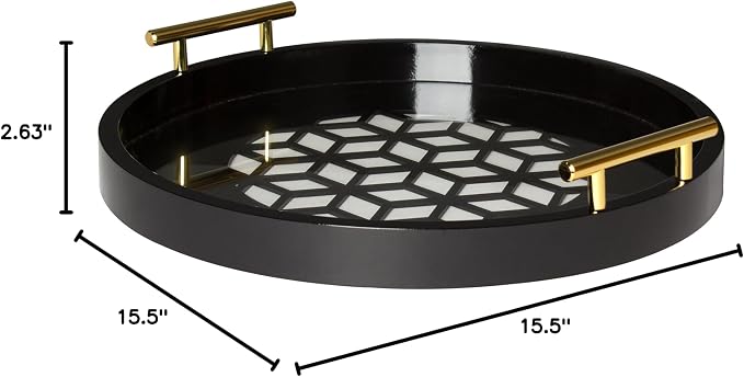 Kate and Laurel Caspen Round Cut Out Pattern Decorative Tray with Gold Metal Handles, Black