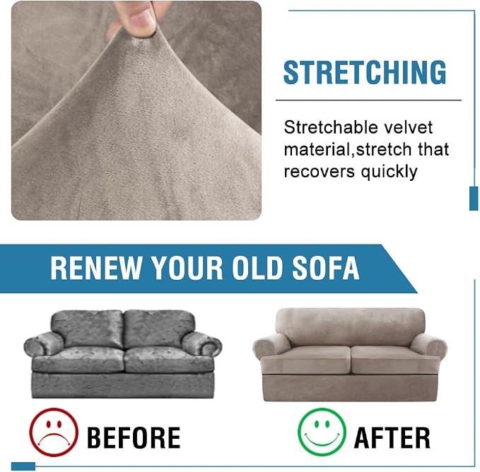 H.VERSAILTEX Sofa Cover 3 Piece T Cushion Sofa Slipcovers Thick Velvet Couch Cover Furniture Protector Stretch T Cushion Sofa Covers for 2 Cushion Couch with 2 T Cushion Covers Washable, Taupe