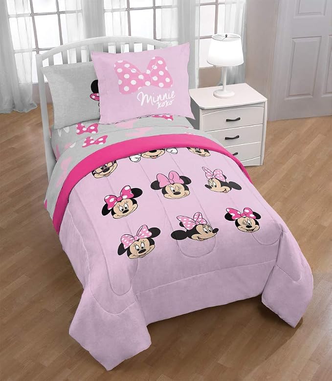 Disney Minnie Mouse Kids 5 Piece Twin Comforter Set for Girls, Pink | Bed in a Bag, Reversible Comforter, Sheets & Sham, Super Soft Microfiber, All Season, Machine Washable (Officially Licensed)