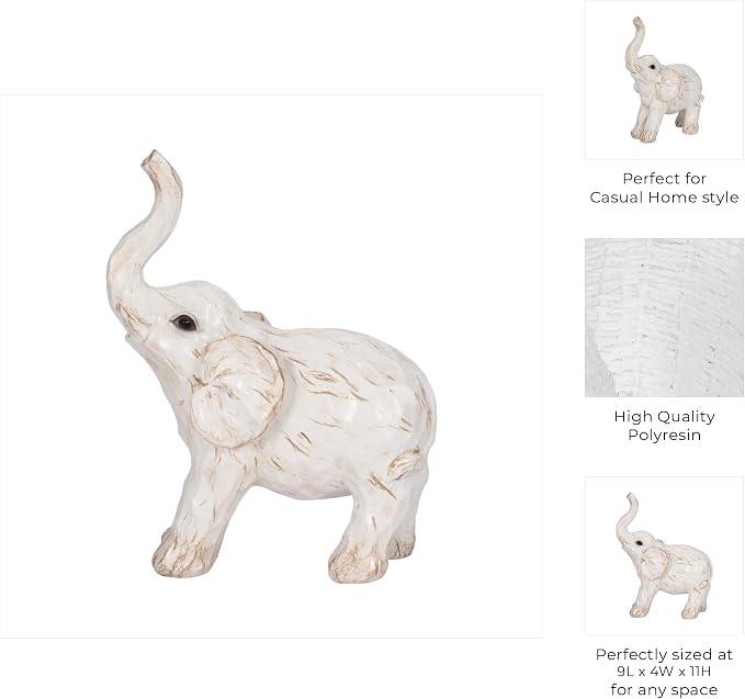 Sagebrook Home Resin Elephant Figurine - Handcrafted Polyresin Home Decor Statue - Rustic Casual Style for Living Room, Bedroom, Office - Elegant Accent Sculpture - 11" White