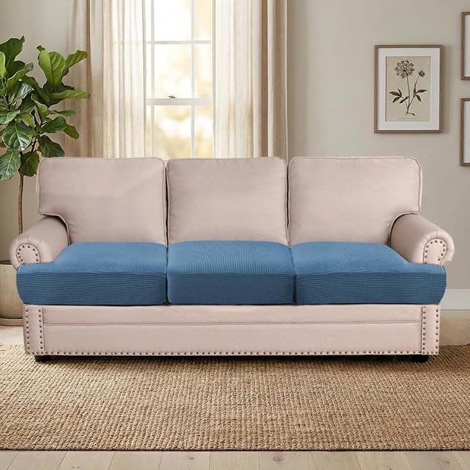 H.VERSAILTEX Stretch 3 Piece T Cushion Sofa Slipcovers Individually Sofa Cushion Covers for 3 Cushion Couch Sofa Seat Cushion Covers with Elastic Bands Featuring Thicker Jacquard Fabric, Dusty Blue