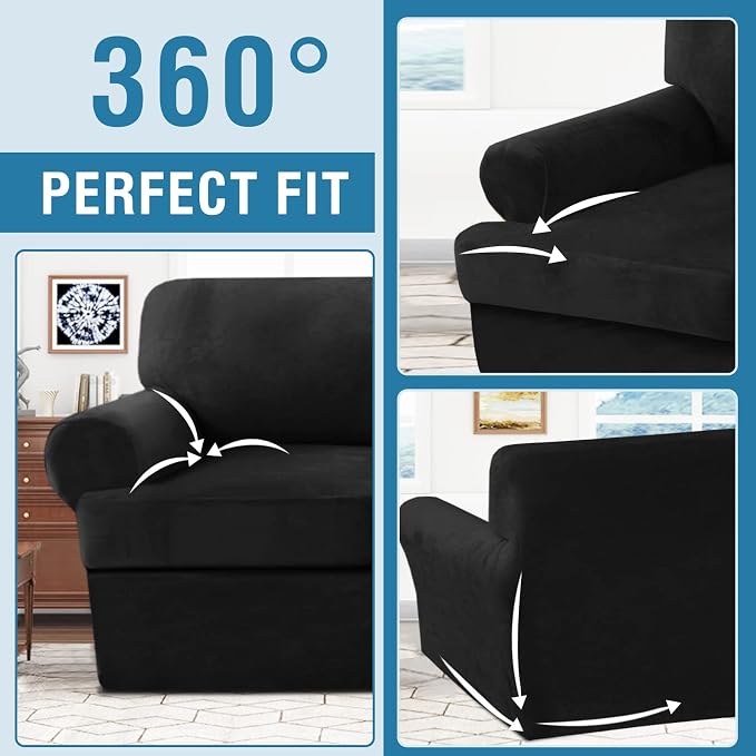 H.VERSAILTEX Sofa Cover 2 Piece T Cushion Armchair Slipcovers Thick Velvet Couch Cover Furniture Protector Stretch T Cushion Sofa Covers for 1 Cushion Couch with 1 Individual T Cushion Covers, Black