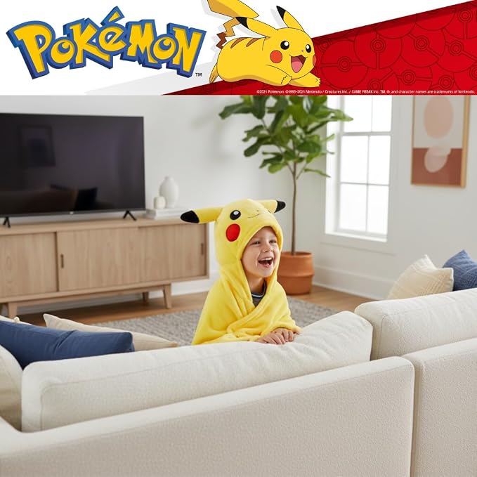 Pokemon Pikachu Hooded Throw - Kids Bedding Super Soft Throw Blanket - 30 in x 50 in, (Officially Licensed Product) by Franco