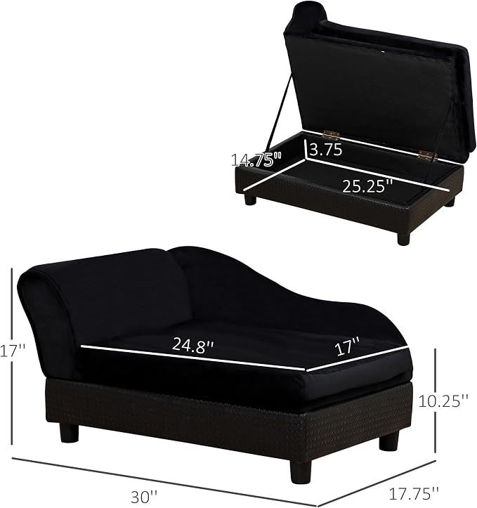 PawHut Luxury Fancy Dog Couch with Hidden Storage, Small Dog Sofa Bed with 2" Soft Foam, Modern Pet Furniture for Puppies & Little Breeds, Black
