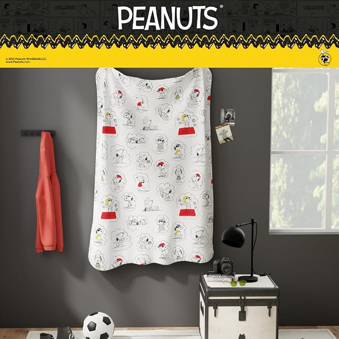 Peanuts® Snoopy Cozy Throw 46 in x 60 in – Soft Cozy Plush for Couch, Bed & Travel, Snoopy & Woodstock 75th Anniversary Design, (Officially Licensed Product) by Franco Collectibles®