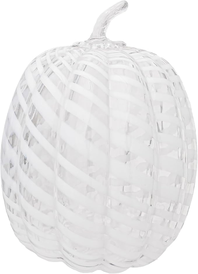 Boston International Handblown Art Glass Pumpkin Thanksgiving Halloween Decorations for Home, Large, White Swirl