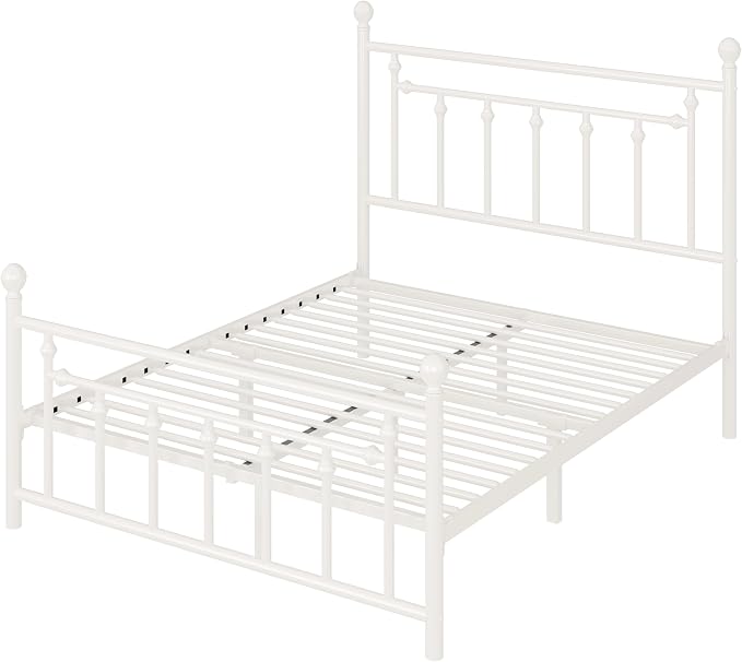 Allewie 14'' Queen Size Metal Platform Bed Frame, Vintage Headboard, White | 50'' Tall Victorian Headboard/Footboard/Mattress Foundation/Under Bed Storage/No Box Spring Needed/Easy Assembly/Noise Free