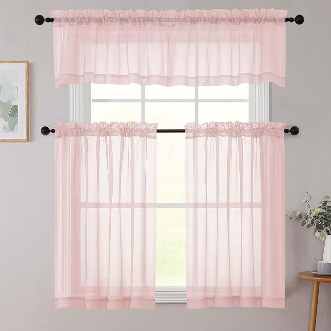 Kitchen Curtains 24 Inch Length Tier 2 Pieces, Blush Sheer Curtain Solid Soft - Image 8