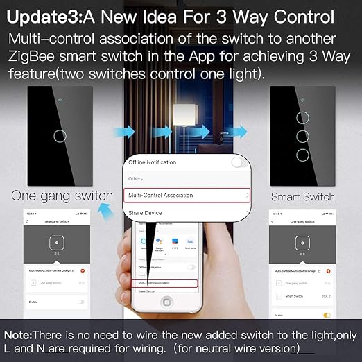MOES ZigBee Smart Touch Wall Light Switch,Requires Tuya ZigBee Hub,No Neutral Wire/N+L Wiring,No Capacitor,Smart Life Tuya 2/3 Way Remote Control, Work with Alexa Google Home, 2MQTT,1 Gang Black