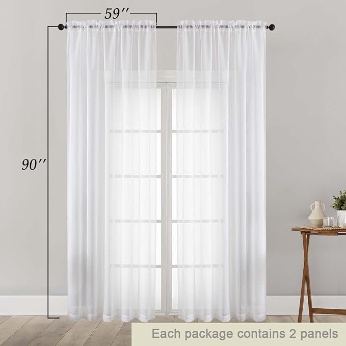 Sheer White Curtains for Bedroom Living Room 90 Inches Long 2 Panels Set - Image 5