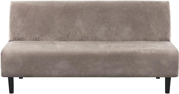 H.VERSAILTEX Real Velvet Futon Cover Armless Sofa Covers Sofa Bed Covers Stretch Futon Couch Cover Sofa Slipcover Furniture Protector Thick Soft Velvet Fabric Form Fitted Stay in Place, Taupe