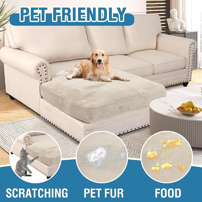 H.VERSAILTEX Velvet Stretch Individual Chaise Cover Sectional Couch Covers for L Shaped Sofa Both Left/Right Furniture Protector Seat Cushion Sofa Cover (1 Piece Chaise Cover, Ivory)