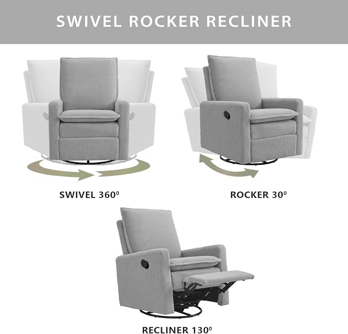 Oxford Baby Uptown Upholstered Glider Recliner Rocking Chair 360° Swivel for Nursery and Living Room - Boucle Koala Gray, Green Guard Gold Certified