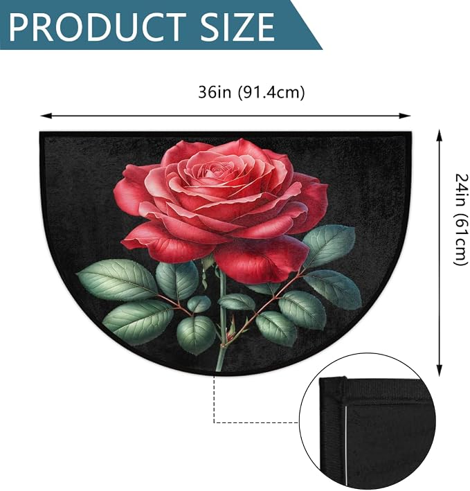 Rose Res Floral Half Round Door Mat Non-Slip Semi Circle Rug Washable Half Moon Floor Rug Absorbent Bathroom Area Rugs for Outdoor Indoor Fireplace Mat Entryway Kitchen Decor Rugs