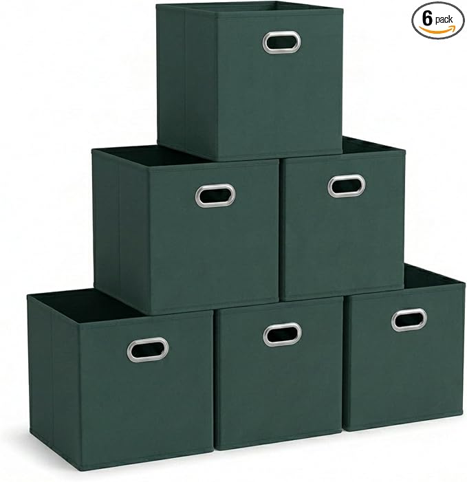Household Essentials Foldable Fabric Storage Cubes 6-Pack – 11x11x11 Stackable Non-Woven Bins with Chipboard Sides & Grommet Handles – Closet, Shelf, Nursery, or Office Organizer – Dark Green