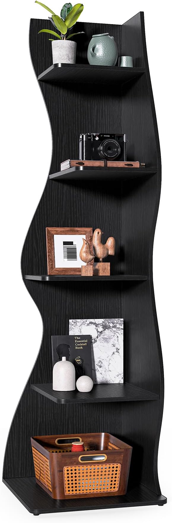 LITTLE TREE Small Corner Shelf, Modern 5-Tier Wall Wavy Corner Bookshelf | Stylish Bookcase Storage Rack for Small Space, Living Room, Bedroom, Black