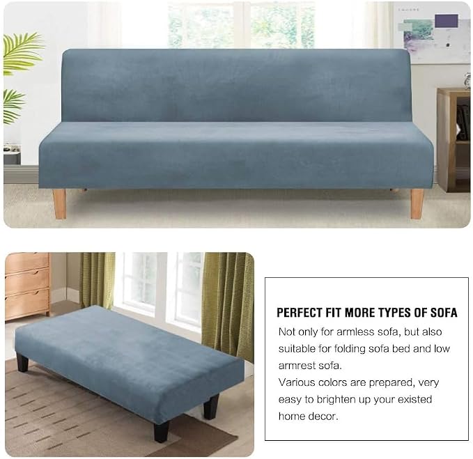 H.VERSAILTEX Real Velvet Futon Cover Armless Sofa Covers Sofa Bed Covers Stretch Futon Couch Cover Sofa Slipcover Furniture Protector Thick Soft Velvet Fabric Form Fitted Stay in Place, Stone Blue