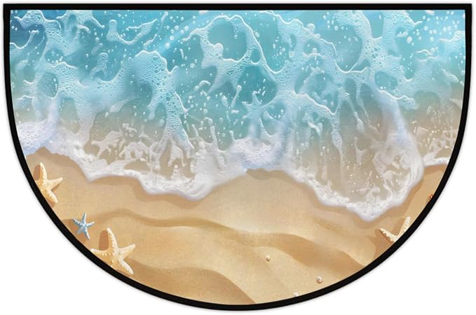 Beach Waves Starfish Half Round Door Mat Non-Slip Semi Circle Rug Washable Half Moon Floor Rug Absorbent Bathroom Area Rugs for Outdoor Indoor Fireplace Mat Entryway Kitchen Decor Rugs