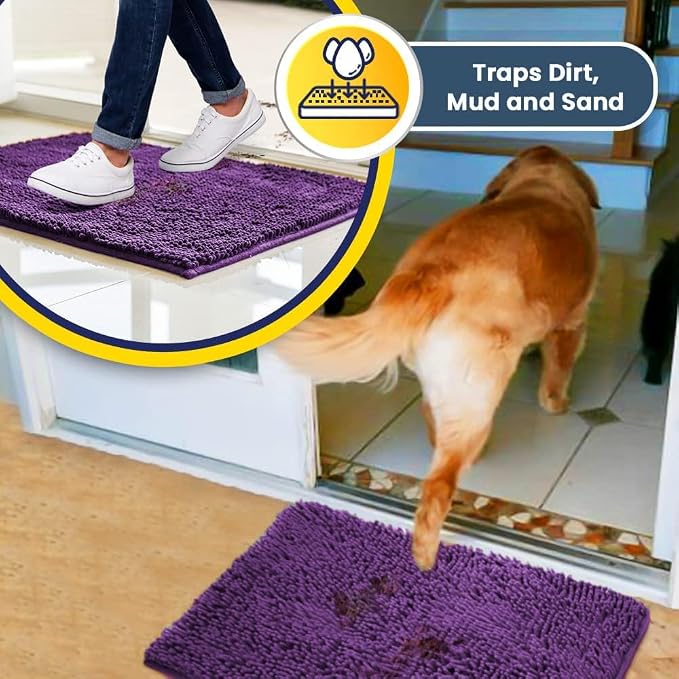 Muddy Mat® | Super Water Absorbent Door Mat Indoor, Microfiber Quick Dry Chenille Entryway Rug, Slip Resistant Front Door Mat, Indoor Mats for Entryway, Machine Washable Pet Rug, Purple 5ft x 7ft