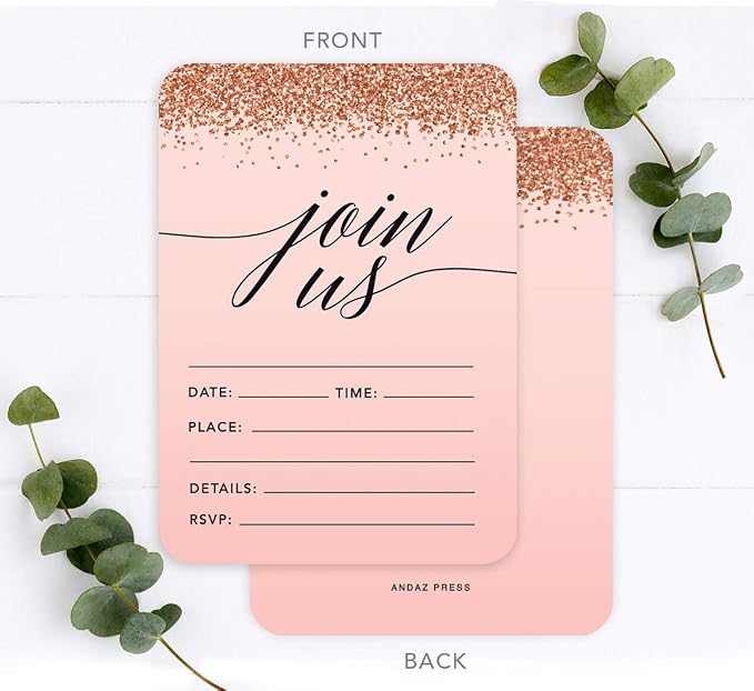 Andaz Press Blush Pink and Rose Gold Glitter Elegant Party Collection, 5x7-inch Invitations with Envelopes, Join US, 24-Pack, Double Sided Printing, Heavy Card Stock, Includes Envelopes