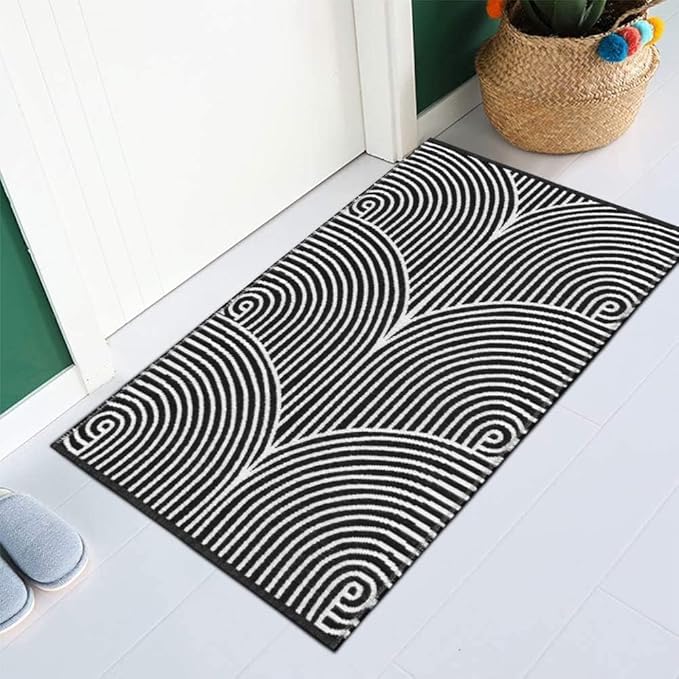 Tiffasea Front Door Mat 2'x3' Washable Welcome Mat Kitchen Bathroom Rug | Woven Black and White Bathroom Rug Machine Washable Reversible Indoor Outdoor Rugs Layered Floor Mat for Entryway/Kitchen