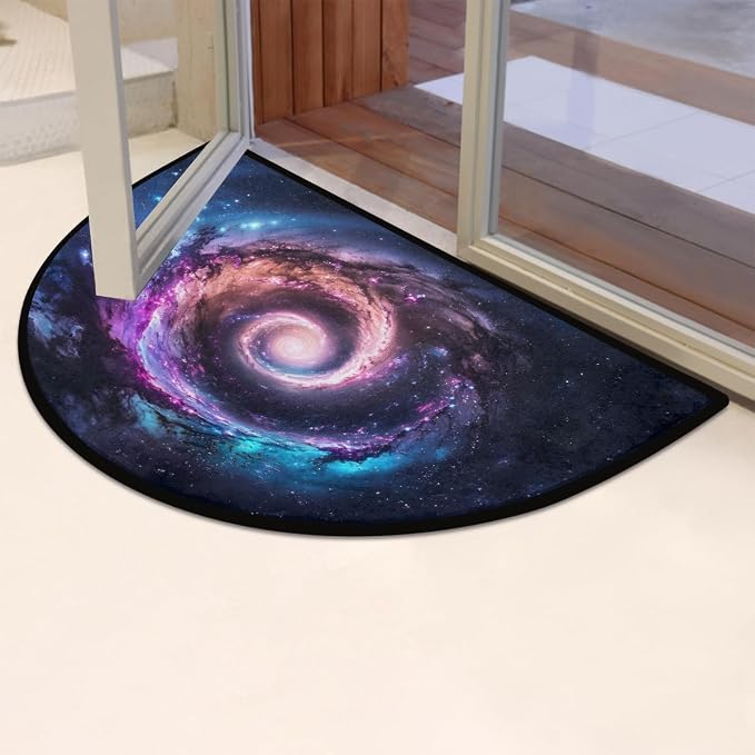 Galaxy Half Round Doormat Non-Slip Semi Circle Rug Half Moon Mat | Blue Universe Washable Soft Absorbent Indoor Outdoor Entrance Kitchen Bathroom Sink Patio Welcome Fireplace Floor Rug