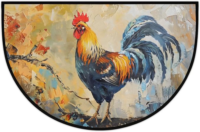 Pardick Rooster Farm Animal Anti-Slip Semi Circle Rug 24X36 Decorative Floor Mat for Kitchen Bathroom Hearth Fireplace