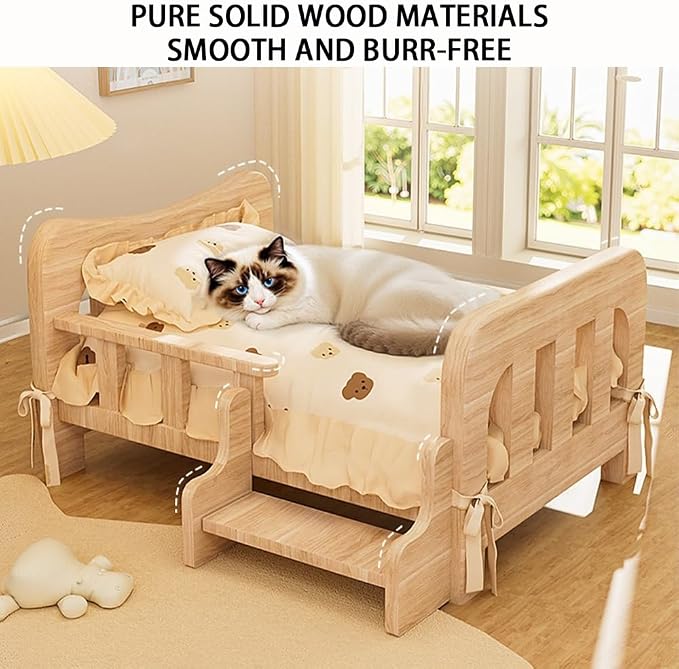 Wood Dog Bed, Floor Standing Pet Furniture with Winter Bedding and Stairs, Comfortable Resting Solution for Pets, Easy Assembly(31.9 X 21.3 X 11.8IN)