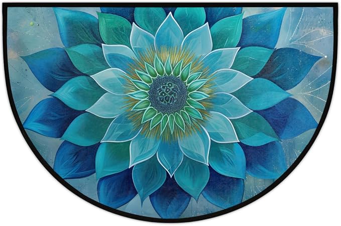 Teal Mandala Half Round Rug Half Moon Door Mat Half Circle Rugs | Floral Flower Washable Non-Slip Semi Circle Rug Welcome Half Round Door Mat Indoor Entrance Kitchen Bedroom Living Room Decor