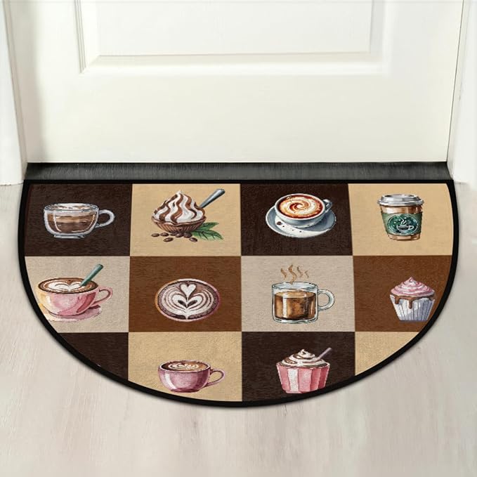 Coffee Half Round Doormat Non-Slip Semi Circle Rug Half Moon Mat | Brown Cup Washable Soft Absorbent Indoor Outdoor Entrance Kitchen Bathroom Sink Patio Welcome Fireplace Floor Rug