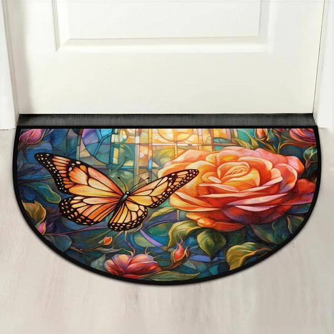 Pardick Vintage Butterfly Rose Anti-Slip Semi Circle Rug - 24X36, Washable Decorative Floor Mat for Kitchen Bathroom Hearth Fireplace