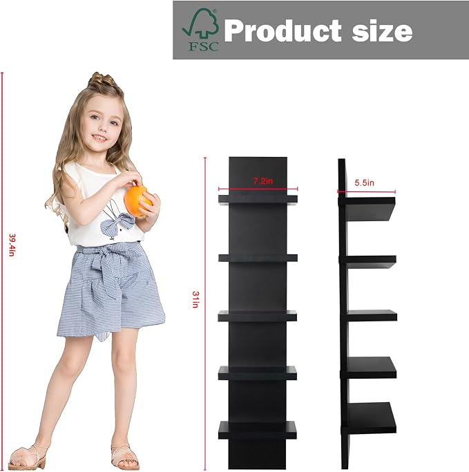 5 Tier Wall Shelves Black, Vertical Column Shelf Floating Storage Home Decor Organizer Design Utility Shelving Bedroom Living Room, 30.7