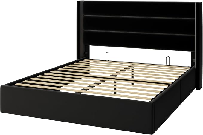Allewie Full Size Lift Up Hydraulic Storage Bed Frame Black | Modern Wingback Headboard, Hydraulic Support Storage, No Box Spring Needed
