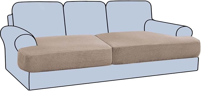 H.VERSAILTEX Stretch 2 Piece T Cushion Sofa Slipcovers Individually Sofa Cushion Covers for 2 Cushion Couch Sofa Seat Cushion Covers with Elastic Bands Featuring Thicker Jacquard Fabric, Sand