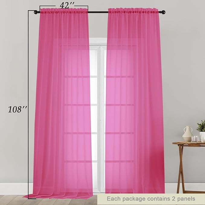 Extra Long Sheer Hot Pink Curtains for Bedroom Living Room 108 Inches Long 2 Panels Set, Solid Soft Light Filtering Rod Pocket Sheer Window Curtains, Hot Pink, Each 42" Wx108 L Inch