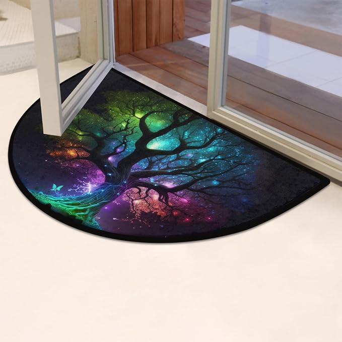 Tree of Life Half Round Door Mat Non Slip Half Circle Rugs | Galaxy Washable Half Moon Rug Semi Circle Rugs Indoor Entrance Floor Carpet for Kithen Bedroom Fireplace Decor