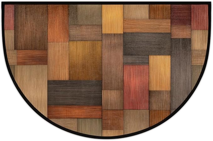 Wood Half Round Doormat Semi Circle Rug Half Moon Rug Entryway Mat | Wooden Retro Washable Non Slip Outdoor Floor Rug Kitchen Mat for Indoor Outdoor Bathroom Fireplace Bath Decor