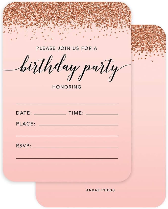 Andaz Press Blush Pink and Rose Gold Glitter Elegant Party Collection, 5x7-inch Invitations with Envelopes, Birthday Party, 24-Pack, Double Sided Printing, Heavy Card Stock, Includes Envelopes