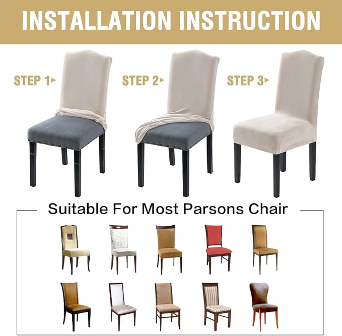 H.VERSAILTEX Velvet Dining Chair Covers Stretch Chair Covers for Dining Room Set of 6 Parson Chair Slipcovers Chair Protectors Covers Dining, Soft Thick Solid Velvet Fabric Washable, Oatmeal
