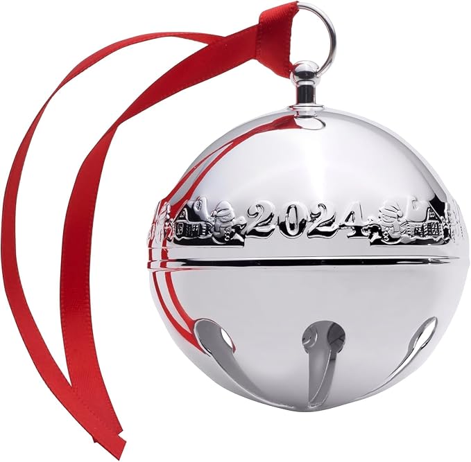 Wallace 2024 Annual Silver-Plated Sleigh Bell Ornament 54th Edition - Snowmen and Log Cabins Design - Handcrafted Collectible with Gift Box, Ribbon, and Velvet Pouch